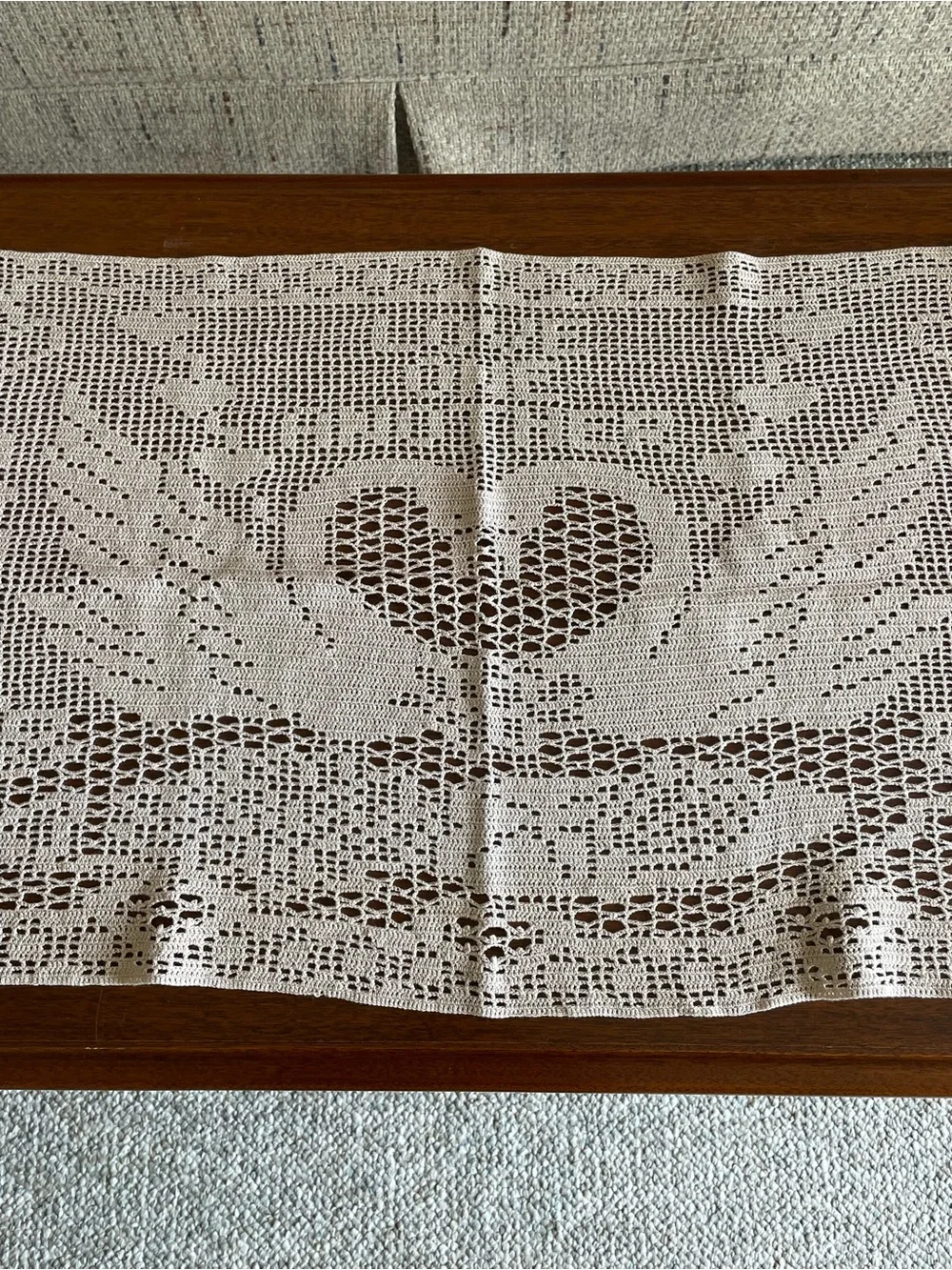 Handmade Crochet Table Runner - Cream Heart & Swan Design “Love One Another”